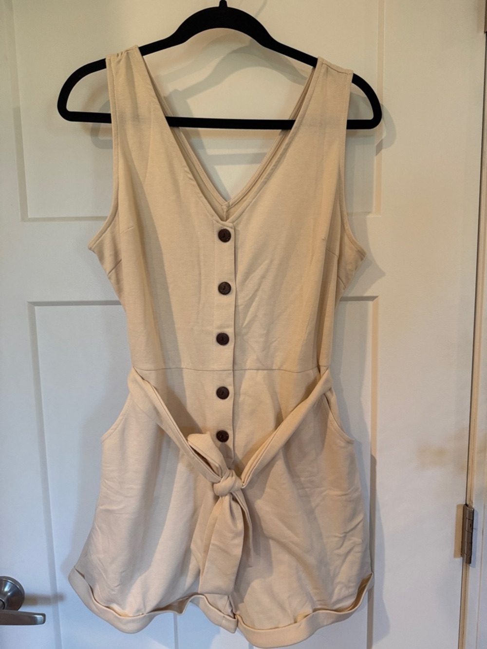 Cream Button-Front Sleeveless Romper with Tie Waist